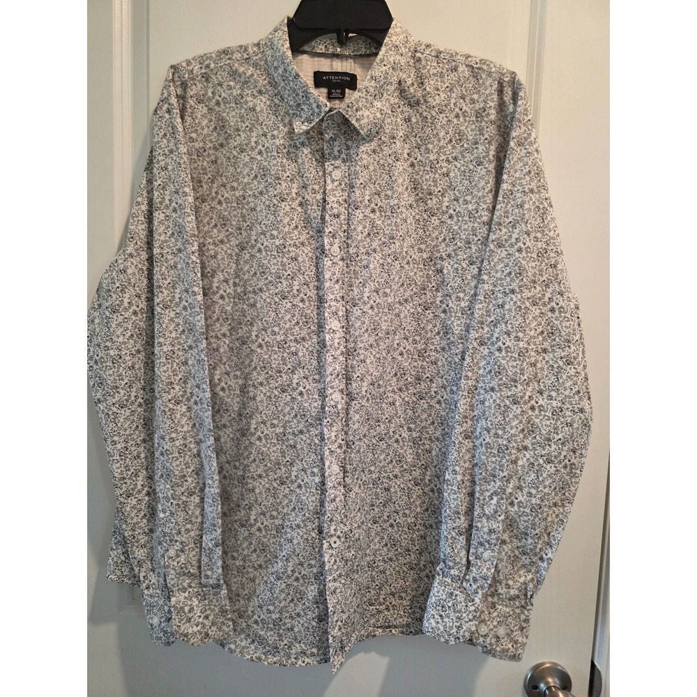 Mens XL Grey White Ditsy Floral Print Long Sleeve Button Down Shirt 100% Cotton